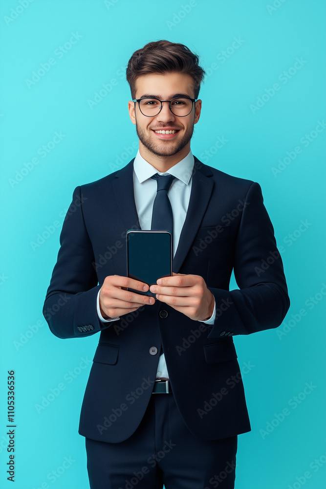 Photorealistic image of young professional showing presentation on smartphone to viewer, confident pose, corporate attire, front view, solid light blue background. Photorealistic image of young professional showing presentation on smartphone to viewer, confident pose, corporate attire, front view, solid light blue background.