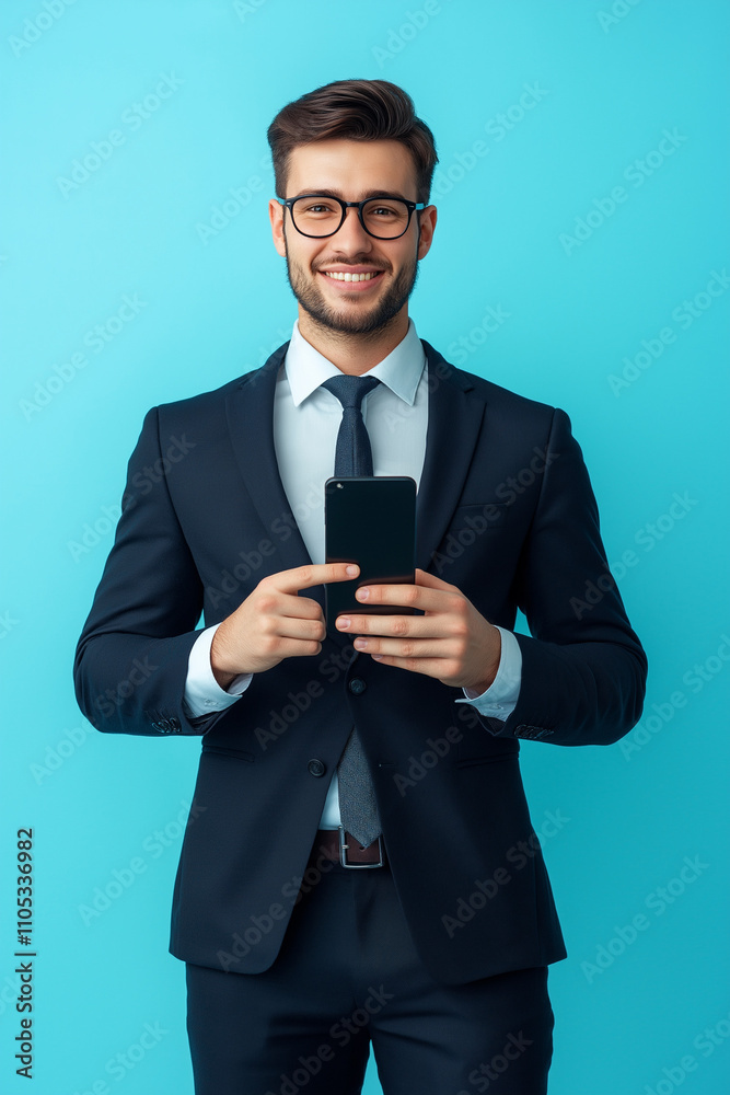 Photorealistic image of young professional showing presentation on smartphone to viewer, confident pose, corporate attire, front view, solid light blue background. Photorealistic image of young professional showing presentation on smartphone to viewer, confident pose, corporate attire, front view, solid light blue background.