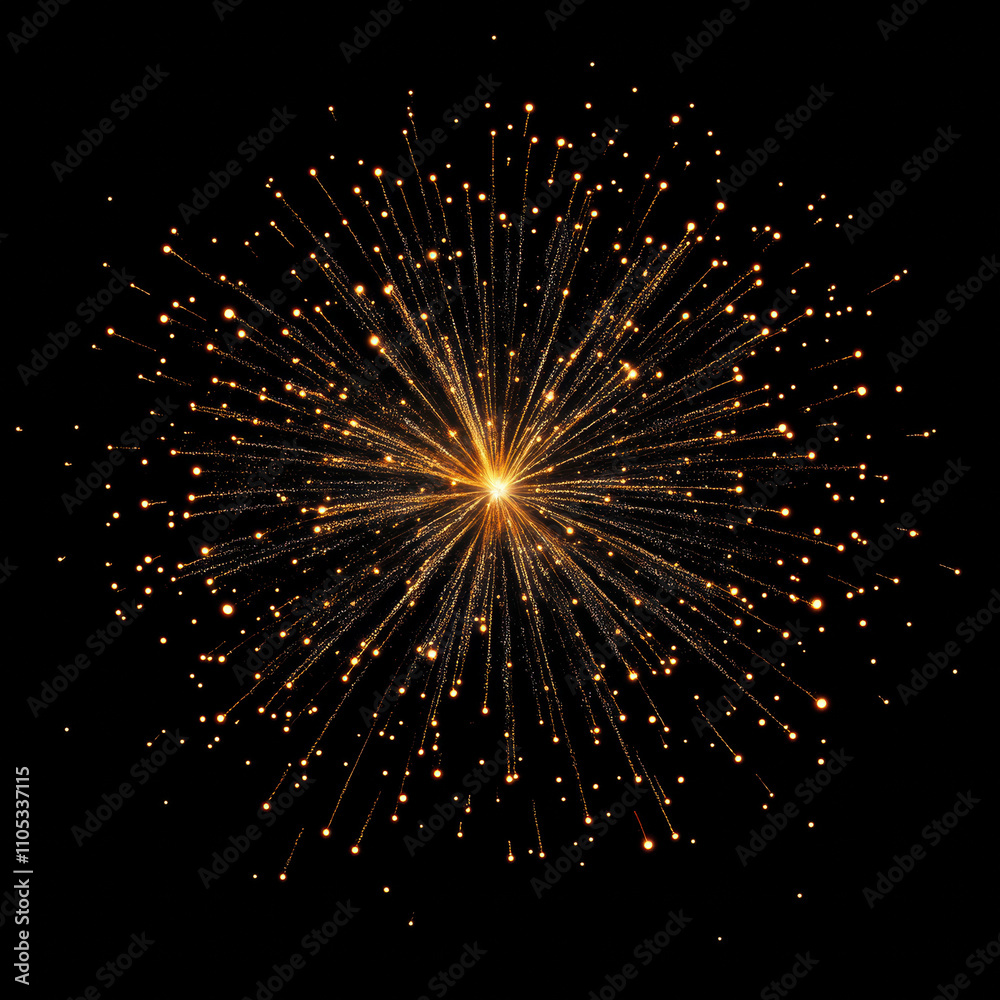 Fototapeta premium Bright golden fireworks burst against black background, creating stunning display of light and energy. This vibrant explosion evokes feelings of celebration and joy