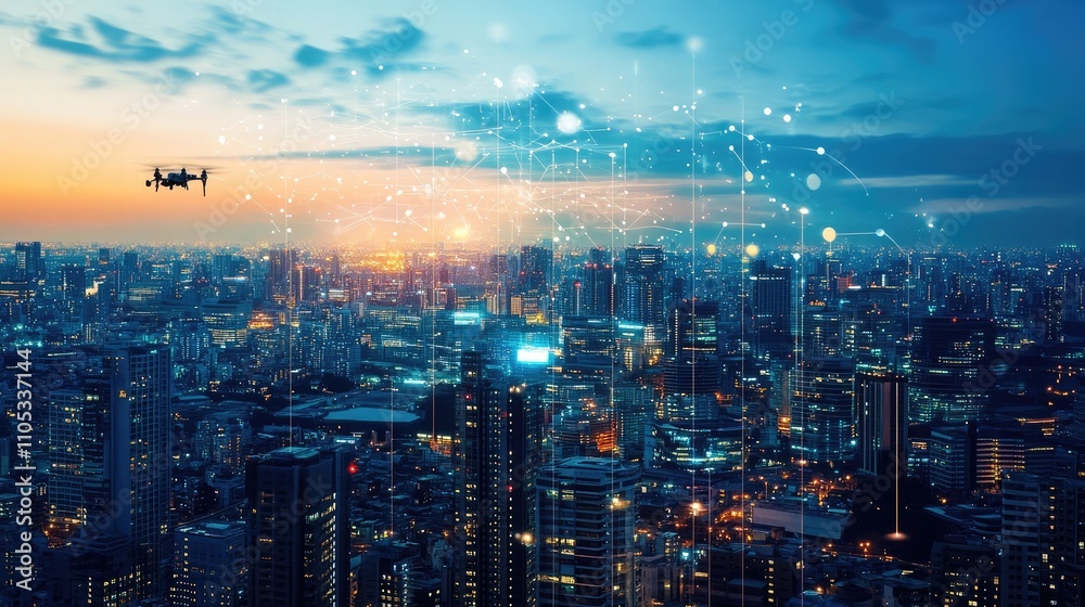 Obraz premium Urban innovation with drone flying over cityscape