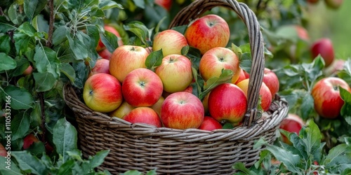 Bountiful basket filled with fresh apples, showcasing a vibrant assortment of apples nestled within a beautiful garden setting, highlighting the natural beauty of apples in nature.