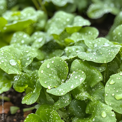 Water droplets glisten on a vibrant green leaf