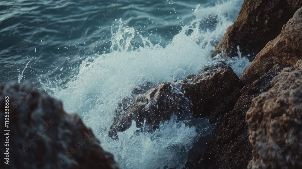 Waves crashing against rocks, representing emotional intensity Waves crashing against rocks, representing emotional intensity