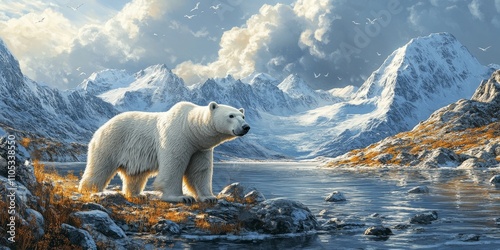 Polar bear in a natural habitat showcasing the majesty and strength of the polar bear. Captivating imagery highlights the polar bear s essential role in the ecosystem and its arctic environment. photo