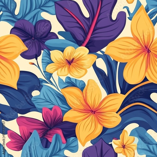 Seamless Tropical Floral Pattern, Illustrated Jungle Leaves Background, Vibrant and Exotic Design
