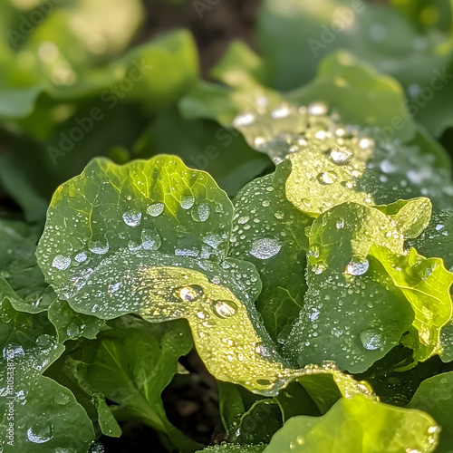 Water-kissed leaves glisten with dew, a vibrant tapestry of nature's beauty