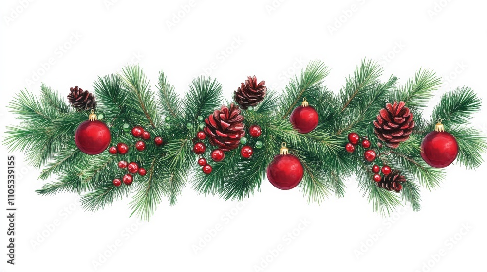 christmas branches border with christmas decorations on white background christmas branches border with christmas decorations on white background