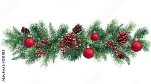 christmas branches border with christmas decorations on white background