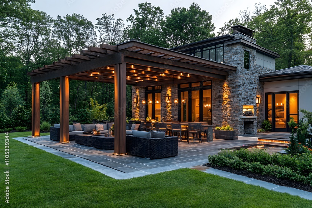 Naklejka premium Contemporary patio with stylish seating and pergola at twilight
