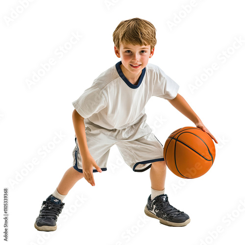 Young basketball player dribbling ball in motion, sporty and dynamic activity