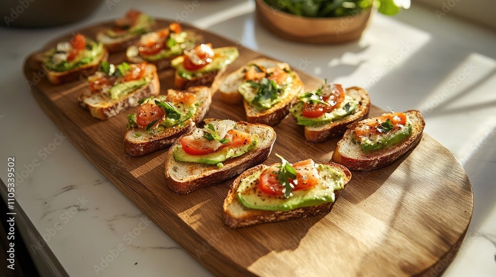 Wooden board with avocado toast slices arranged under natural lighting Wooden board with avocado toast slices arranged under natural lighting