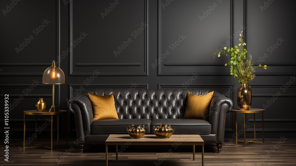 A black leather tufted sofa contrasts beautifully with a dark paneling wall. A striking modern living room with bold design. A black leather tufted sofa contrasts beautifully with a dark paneling wall. A striking modern living room with bold design.