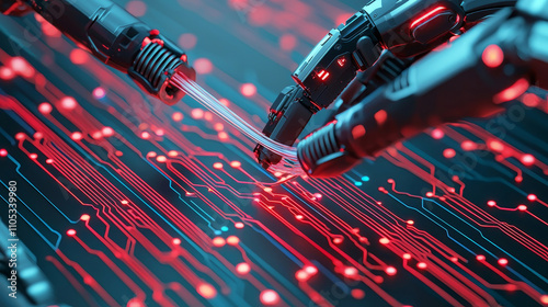 fiber optic installation concept. Robotic hands connecting on a digital circuit in a futuristic setting.