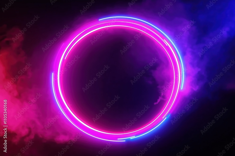 Neon light circle frame on dark background with vibrant pink, blue glowing lines. Abstract design evokes futuristic tech vibe. Suitable for tech startup, music event, gaming, graphic design projects. Neon light circle frame on dark background with vibrant pink, blue glowing lines. Abstract design evokes futuristic tech vibe. Suitable for tech startup, music event, gaming, graphic design projects.