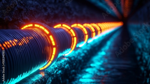 fiber optic installation concept. A neon-lit pipe in a dark tunnel with flowing water creates a vibrant, futuristic atmosphere.