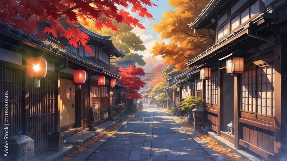 A serene street scene in autumn, featuring traditional architecture and vibrant foliage.