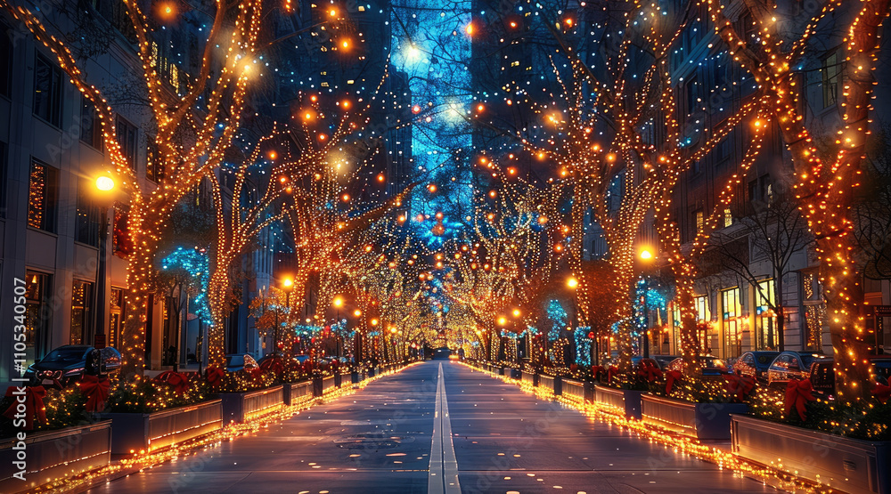 Downtown decorated heavily for Christmas with tons of lights and trees.
