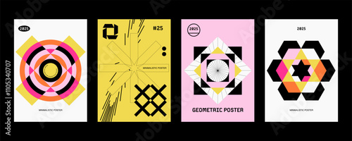 Set modernism art colorful trendy poster, artwork minimalistic and rave postmodern composition, vector simple shapes print graphic in Y2K aesthetics.