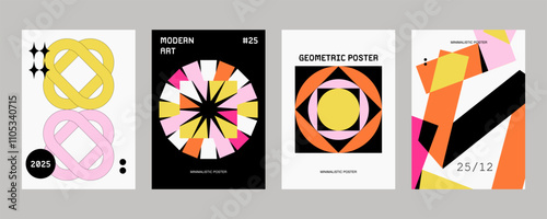 Set modernism art colorful trendy poster, artwork minimalistic and rave postmodern composition, vector simple shapes print graphic in Y2K aesthetics. photo