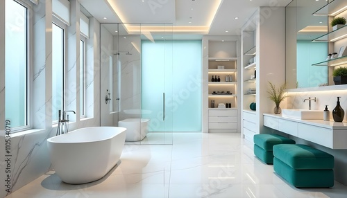 A spa-like bathroom with marble walls and a freestanding white soaking tub placed against a backdrop of full-height windows