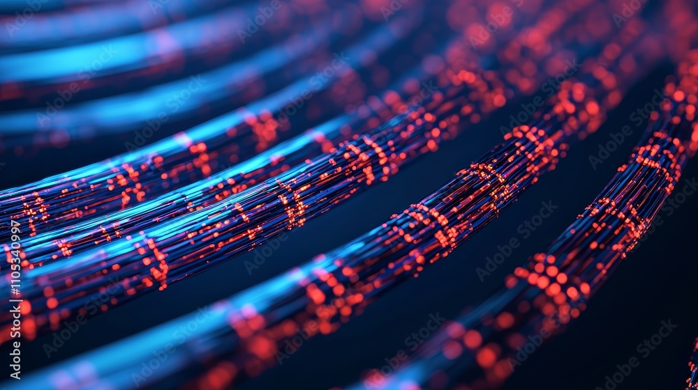 Fototapeta premium fiber optic installation concept. Abstract digital design featuring glowing lines in blue and red colors.
