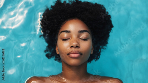 Woman with curly hair is floating in a pool. She has a relaxed and peaceful expression on her face