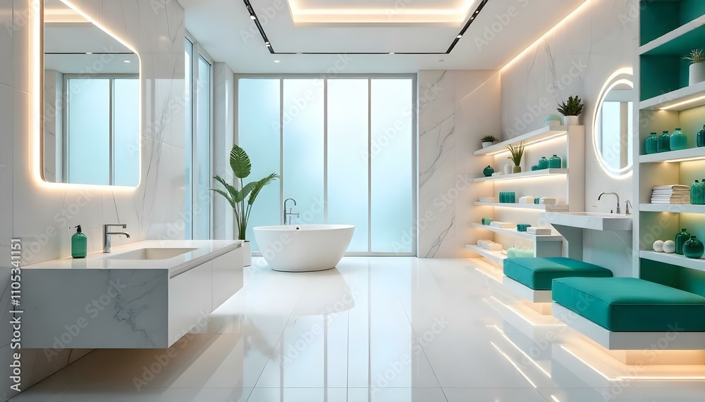 A spa-like bathroom with marble walls and a freestanding white soaking tub placed against a backdrop of full-height windows A spa-like bathroom with marble walls and a freestanding white soaking tub placed against a backdrop of full-height windows