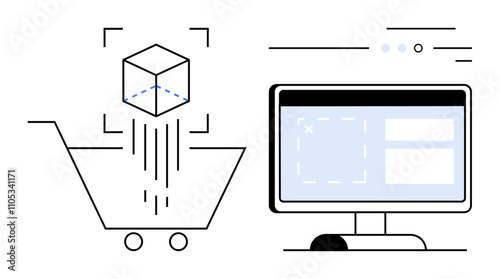 Shopping cart receiving products, computer screen displaying online store. Ideal for e-commerce platforms, online shopping tutorials, digital marketing, website design, retail business strategies