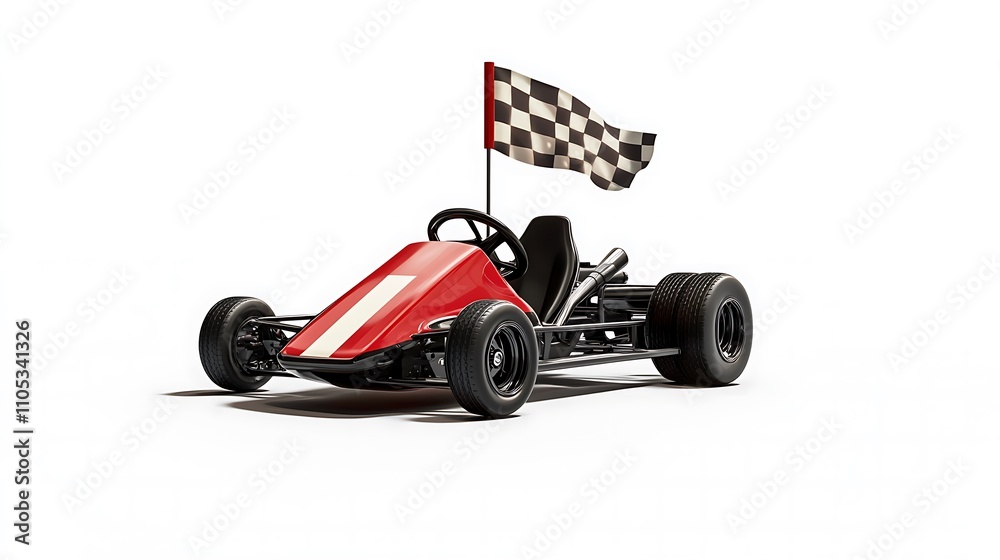 A compact blank go-kart with a racing flag decal, positioned slightly off-center on a white backdrop, directional lighting creating a shadow for added depth, competitive and energetic A compact blank go-kart with a racing flag decal, positioned slightly off-center on a white backdrop, directional lighting creating a shadow for added depth, competitive and energetic