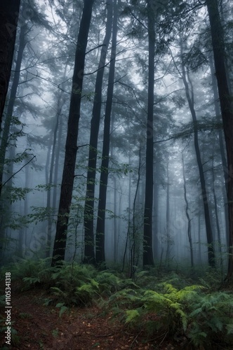 Panorama of foggy forest. Fairy tale spooky looking woods in a misty day. Cold foggy morning in horror forest