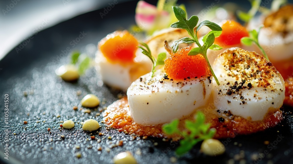 Gourmet scallops with caviar on black plate Gourmet scallops with caviar on black plate