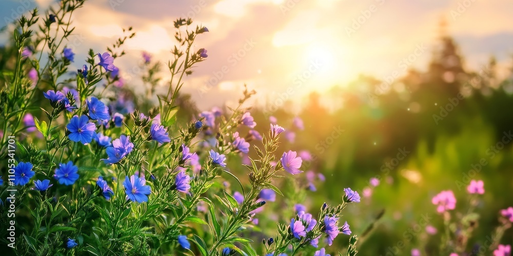 Obraz premium The beauty of blue purple flowers in bloom captivates with their vibrant colors, enhancing the serene green nature surrounding them under an open sky and shining sun. Blue purple flowers brighten the