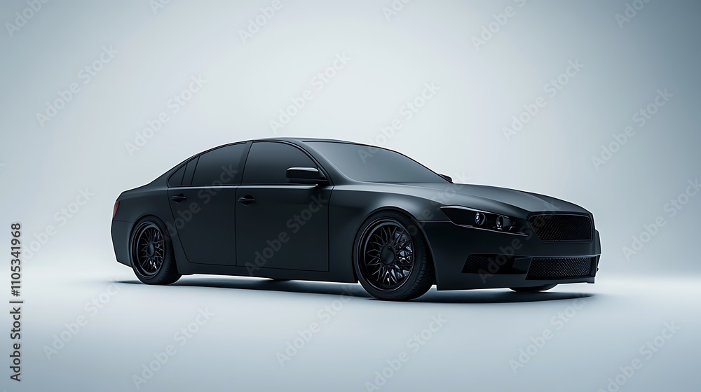 A blank sedan car with a matte black body, positioned as if ready to race, illuminated by dramatic directional lighting against a pristine white backdrop, bold and intense A blank sedan car with a matte black body, positioned as if ready to race, illuminated by dramatic directional lighting against a pristine white backdrop, bold and intense