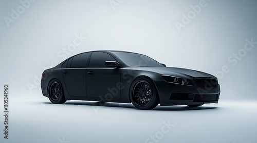 A blank sedan car with a matte black body, positioned as if ready to race, illuminated by dramatic directional lighting against a pristine white backdrop, bold and intense