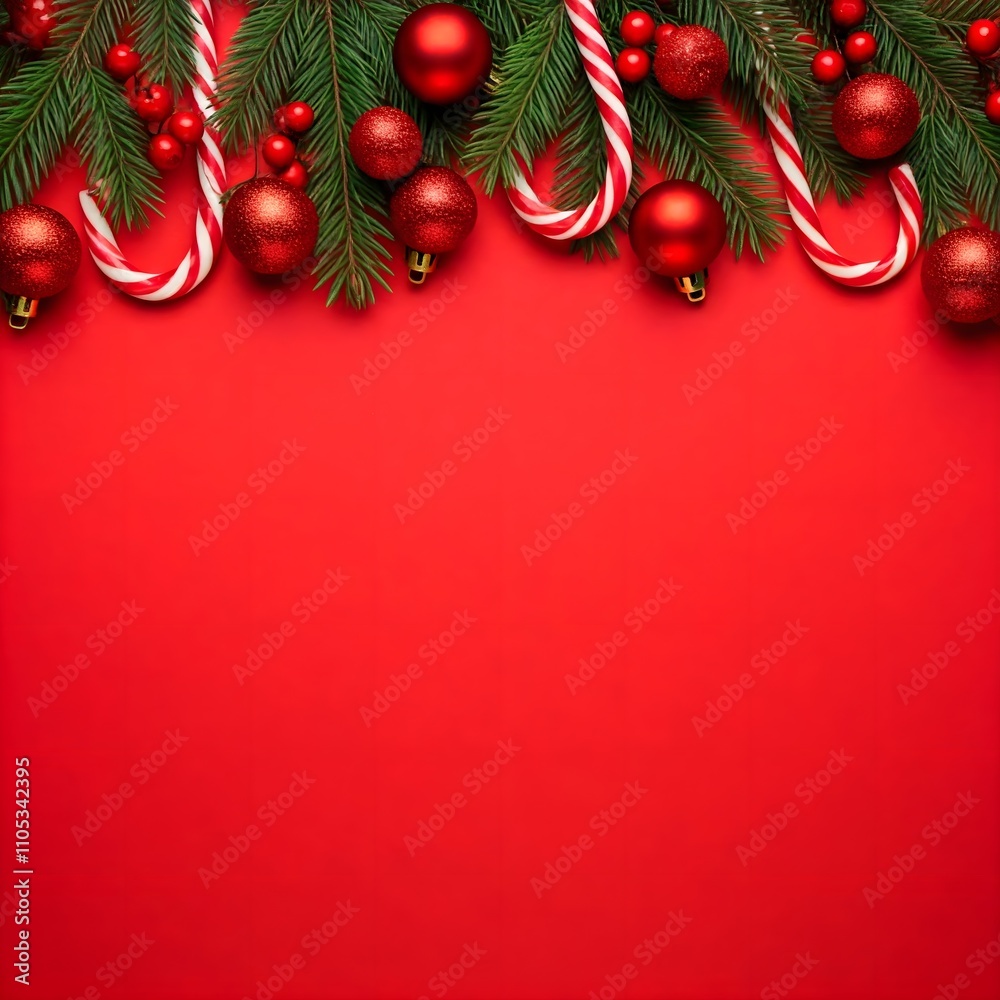 Detailed Flatlay of Red and Gold Christmas Decorations, christmas decoration on red Detailed Flatlay of Red and Gold Christmas Decorations, christmas decoration on red