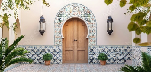 Moroccan entry with pastel walls, arched door, and hanging lanterns for ambiance. photo