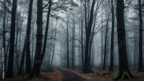 Panorama of foggy forest. Fairy tale spooky looking woods in a misty day. Cold foggy morning in horror forest