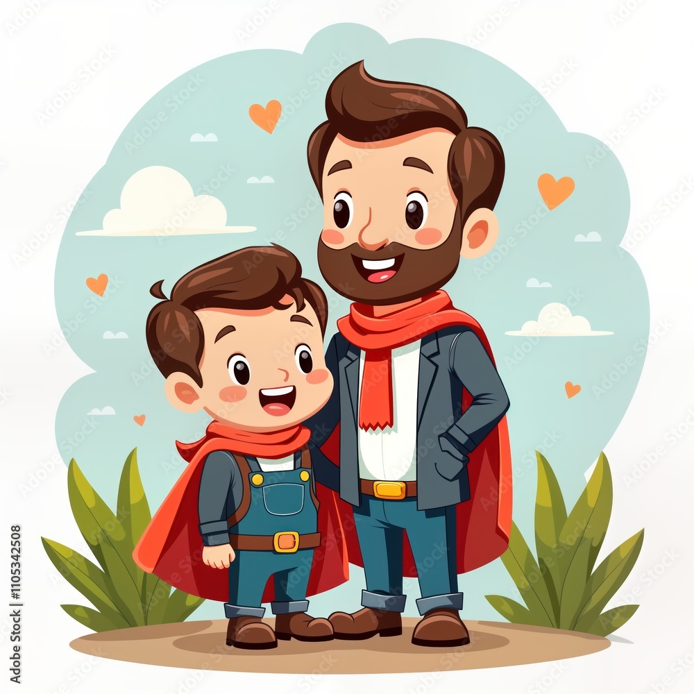 Fototapeta premium Cute cartoon father, son enjoy special event. Dad superhero dad, son brave sidekick. Stand together. Dad holding child shoulder. Both figures wear red capes. Father playing with son. Illustration for
