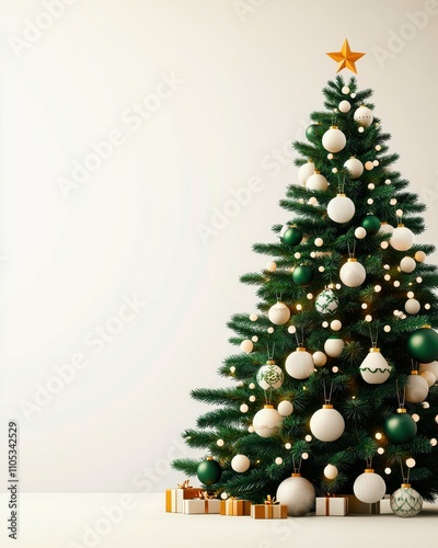 Christmas eco friendly 3d concept. Beautifully decorated Christmas tree with ornaments and gifts, perfect for holiday spirit. photo