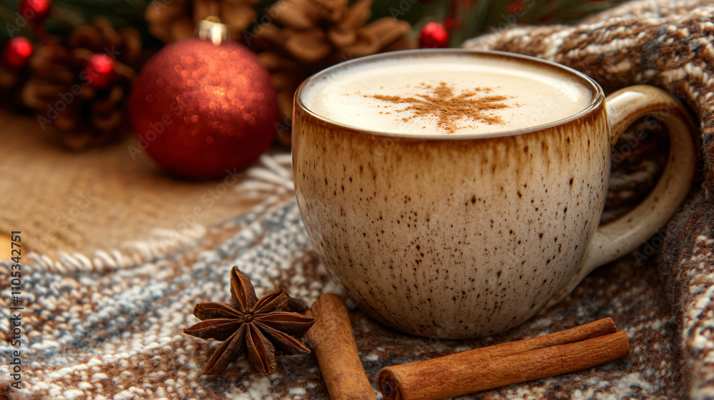 A steaming cup of chai tea latte with frothy milk, cinnamon, and cloves, sitting on a table next to a warm blanket and holiday decorations. A steaming cup of chai tea latte with frothy milk, cinnamon, and cloves, sitting on a table next to a warm blanket and holiday decorations.