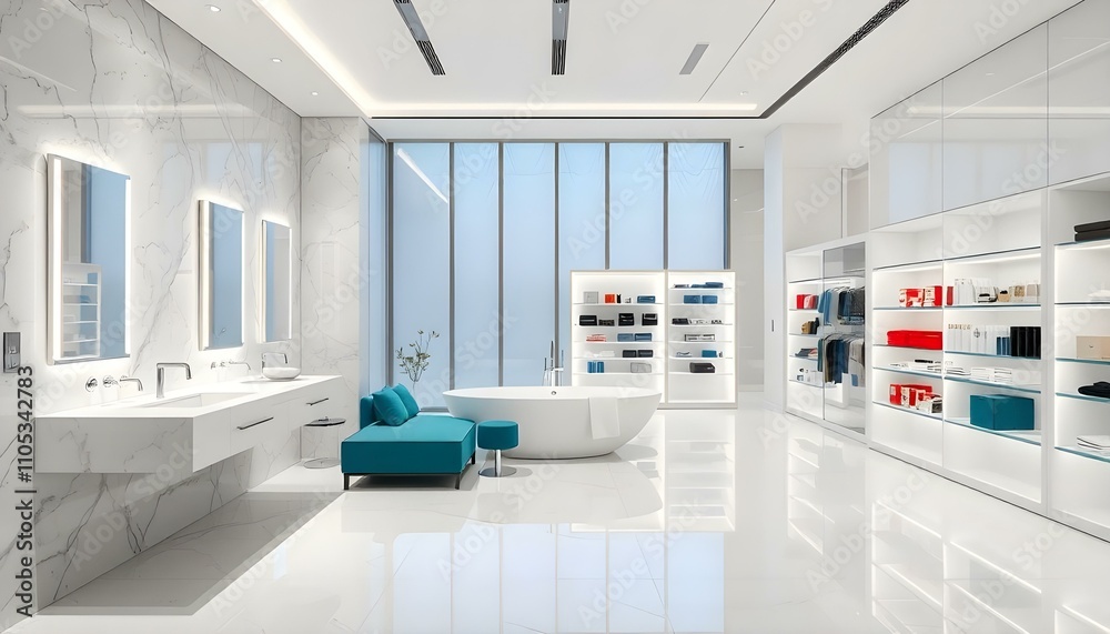 A spa-like bathroom with marble walls and a freestanding white soaking tub placed against a backdrop of full-height windows A spa-like bathroom with marble walls and a freestanding white soaking tub placed against a backdrop of full-height windows