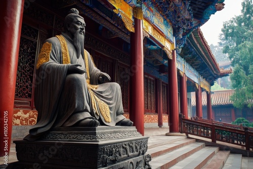 Confucius Statue at Buddhist Temple in Shanghai, China. Symbol of Confucian Wisdom and Asian Religion