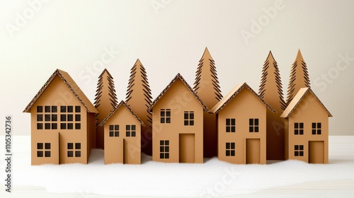 Christmas eco friendly 3d concept. Creative cardboard houses lined up, showcasing architecture and eco-friendly design.