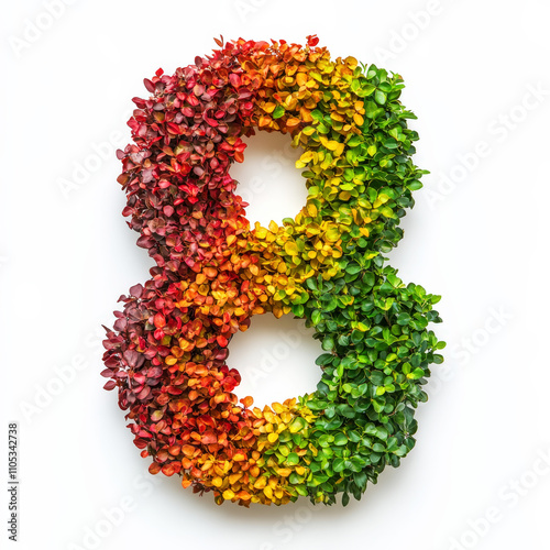 Number 8 made of fall leaves, flowers. berries. Vibrant autumn colours. White clean background. Generative AI