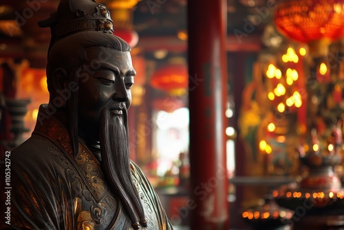 Confucius Statue in Shanghai Temple: Sculpture of Confucian Philosopher in Buddhist Setting