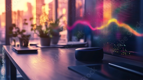 A speakerphone placed on a desk with holographic sound waves floating above it, minimalist office background, voice speech clarity concept