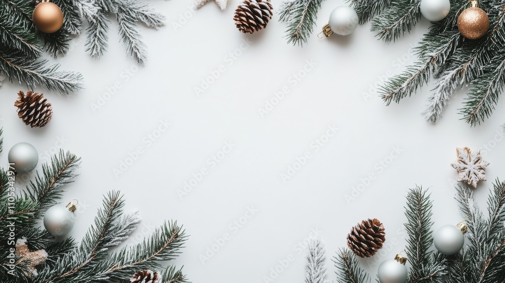 christmas branches border with christmas decorations on white background christmas branches border with christmas decorations on white background