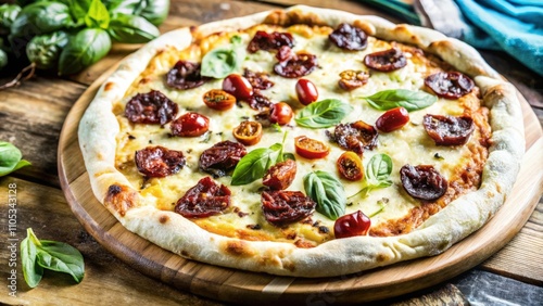 Close-up of a Pizza with Sun-dried Tomatoes, Basil, and Cheese on a Wooden Board