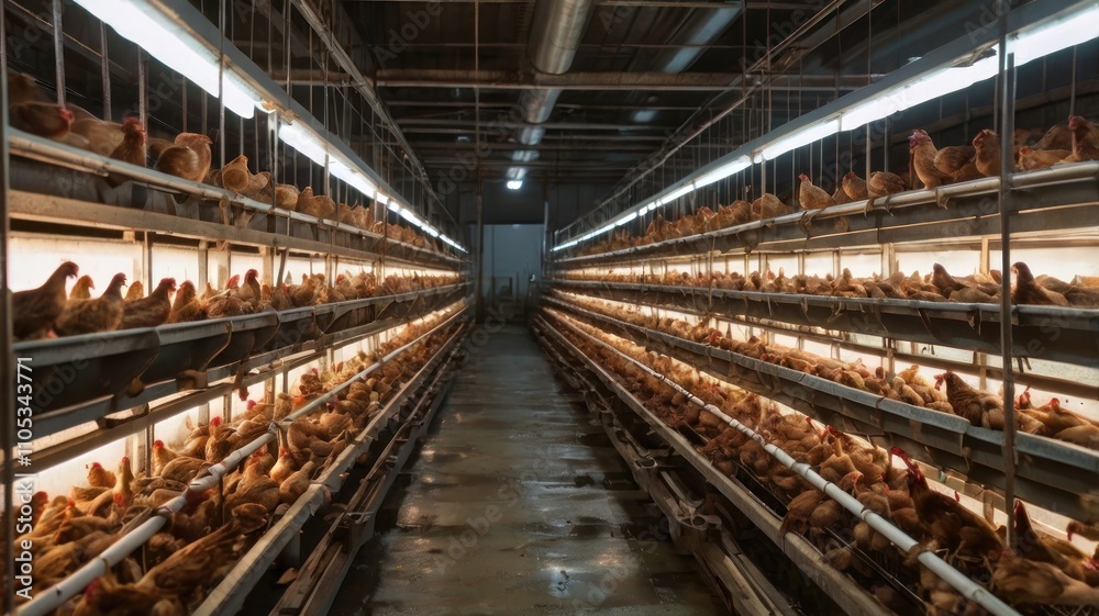 Rows of chickens in cages inside a dimly lit industrial poultry farm. Rows of chickens in cages inside a dimly lit industrial poultry farm.