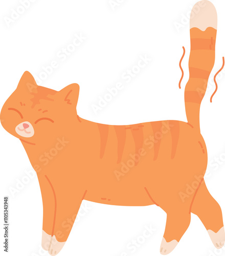 Joyful cat with wobbling tail. Adorable pet pose